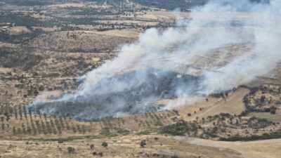 ÇANAKKALE (AA) – Çanakkale'nin Ezine ilçesinde çıkan orman yangınına havadan