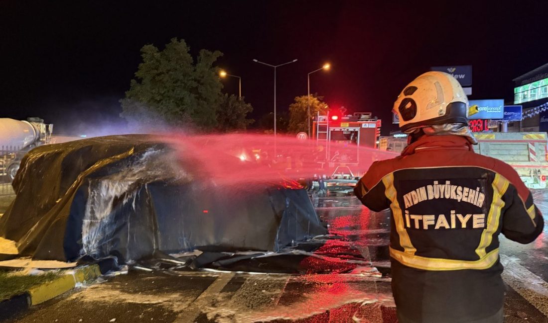 - Üzeri brandayla örtülen otomobildeki alevler, yaklaşık 2 saat süren